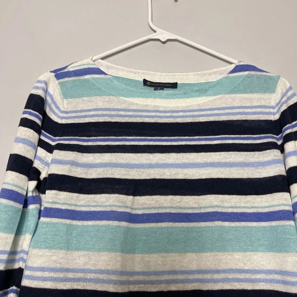 Brook Brothers Women's Linen Knit Blue White Black Striped Sweater Sz M